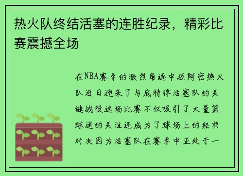 热火队终结活塞的连胜纪录，精彩比赛震撼全场